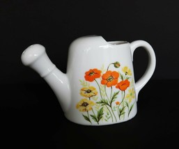 Vintage ceramic miniature watering can planter white orange yellow flowe... - $14.99