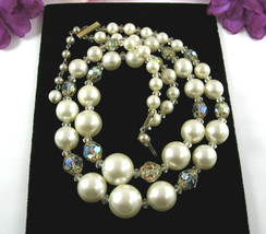Vintage 2 Strands Aurora Borealis Crystal Beads Necklace Beaded Graduated White - £14.85 GBP