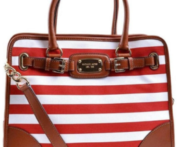 Michael Kors Hamilton Large Red White Stripe Brown Leather Tote Bag Pursenwt - £148.54 GBP