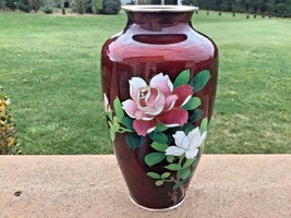 CLOISONNÉ Vase Marked Sterling Silver Maroon Floral 7 1/4” Tall Japanese - £258.55 GBP