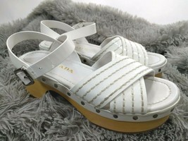 PRADA $790 rtl White Patent Stitch Trim Studded Wood Heel Clog Sandals 3... - £194.76 GBP