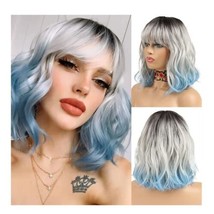 NOBLE Blue Wig with Bangs Short Bob Curly Colorful Wavy Bob with Air Bangs Heat  - £12.96 GBP