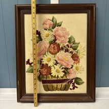 Vintage Framed Peonies Needlepoint Wall Art Picture Flowers In Basket 21” x 17” - £39.56 GBP