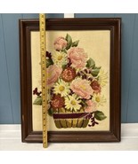 Vintage Framed Peonies Needlepoint Wall Art Picture Flowers In Basket 21... - £37.19 GBP