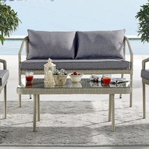 Outdoor Light Gray Two-Seat Bench With Dark Gray Cushions By, Weather Wicker. - £266.16 GBP