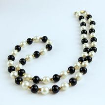 Vintage Faux Pearl & Black Bead Necklace Brass Spacer Beads Fashion Jewelry 24" image 3