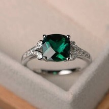 14k White Gold Plated 3.00Ct Cushion Simulated Emerald Engagement Solitaire Ring - £86.39 GBP