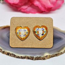 Vintage Enamel Gold Tone Heart Stud Earrings Orange Gold - £11.52 GBP