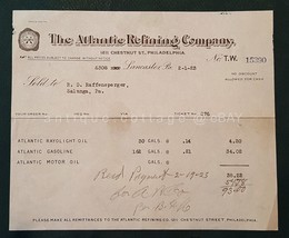 1923 Antique Atlantic Refining Co Receipt Lancaster Philadelpia Pa Gas Oil Price - £19.43 GBP