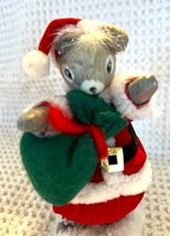 Vintage Santa Mouse Figure Red Velveteen Suit &amp; Hat w Green Felt Bag 4.5... - $8.90