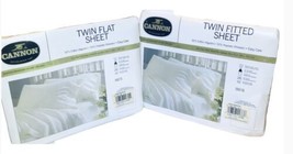 Vintage CANNON Twin Flat &amp; Fitted White Sheet Set Made in USA Cotton/Polyester - £19.99 GBP