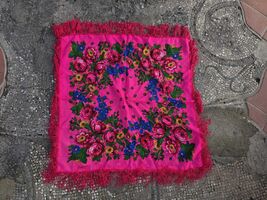 Vintage floral folk scarf with fringe, traditional Eastern European head... - $20.00