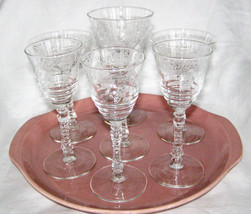 Vintage Set Of 7 MID-CENTURY Stemware Glasses - 3 SIZES- Etched DESIGN- Facetted - £30.37 GBP