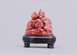 Chinese Natural Red Shoushan Stone Statue w Fortune Kids - £118.87 GBP