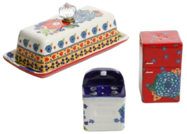 Pioneer Woman Dazzling Dahlias Butter Dish Salt Pepper Retro Serveware 4... - $28.97