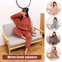 Women Men Coral Velvet Pyjama Set Warm Crew Neck Top Pants Loungewear Suits - £16.36 GBP+