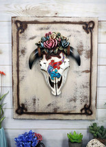 Rustic Western Lizard Gecko Cow Skull With Colorful Roses Wall Decor Plaque - £36.33 GBP