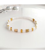 Tile white bracelet,stackable gold plated bracelet,stretchy bracelet,sta... - £16.65 GBP