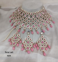 Bollywood Style Indian CZ Bridal Choker Necklace Earrings Pink Jewelry Set - £52.85 GBP