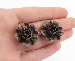 925 Sterling Silver - Vintage Oxidized Flower Motif Non Pierce Earrings - EG2642 - $41.57