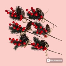 (6) Red Holly Berry Stem Picks Pine Branch Evergreen Christmas Berries Pinecone - £7.12 GBP