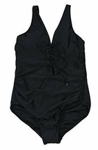 MSRP $99 Swim Solutions Solid Textured Lace-Front One-Piece Black Size 18 - £22.90 GBP