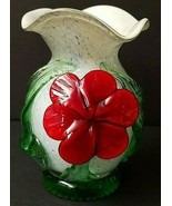 Italian Art Glass Vase With Fluted Top and Red Flower With Leaves 6&quot; Tall - $732.43 MXN