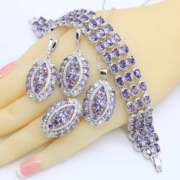 Geometric Purple  Zircon Silver Color Jewelry Sets for Women Bracelet Earrings N - £31.75 GBP