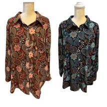2x Woman Within Button Down Shirt Plus 2X Paisley Floral Long Sleeve Brown Black - £17.70 GBP