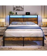 Rustic Bed Frame w/ LED Lights Charging Station Storage Headboard No Box... - $249.05 CAD