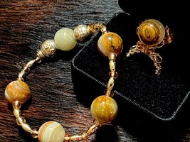 Handcrafted, OOAK  &quot;Reinvented vintage&quot; marble type Beaded Ring and Bracelet set - £27.17 GBP