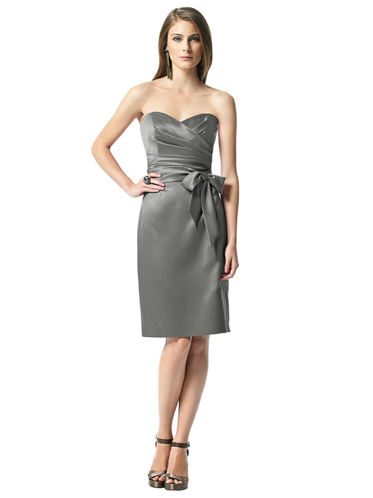 Dessy 2841....Strapless, Cocktail length, Satin dress...Gray...Size 14..... - $27.55