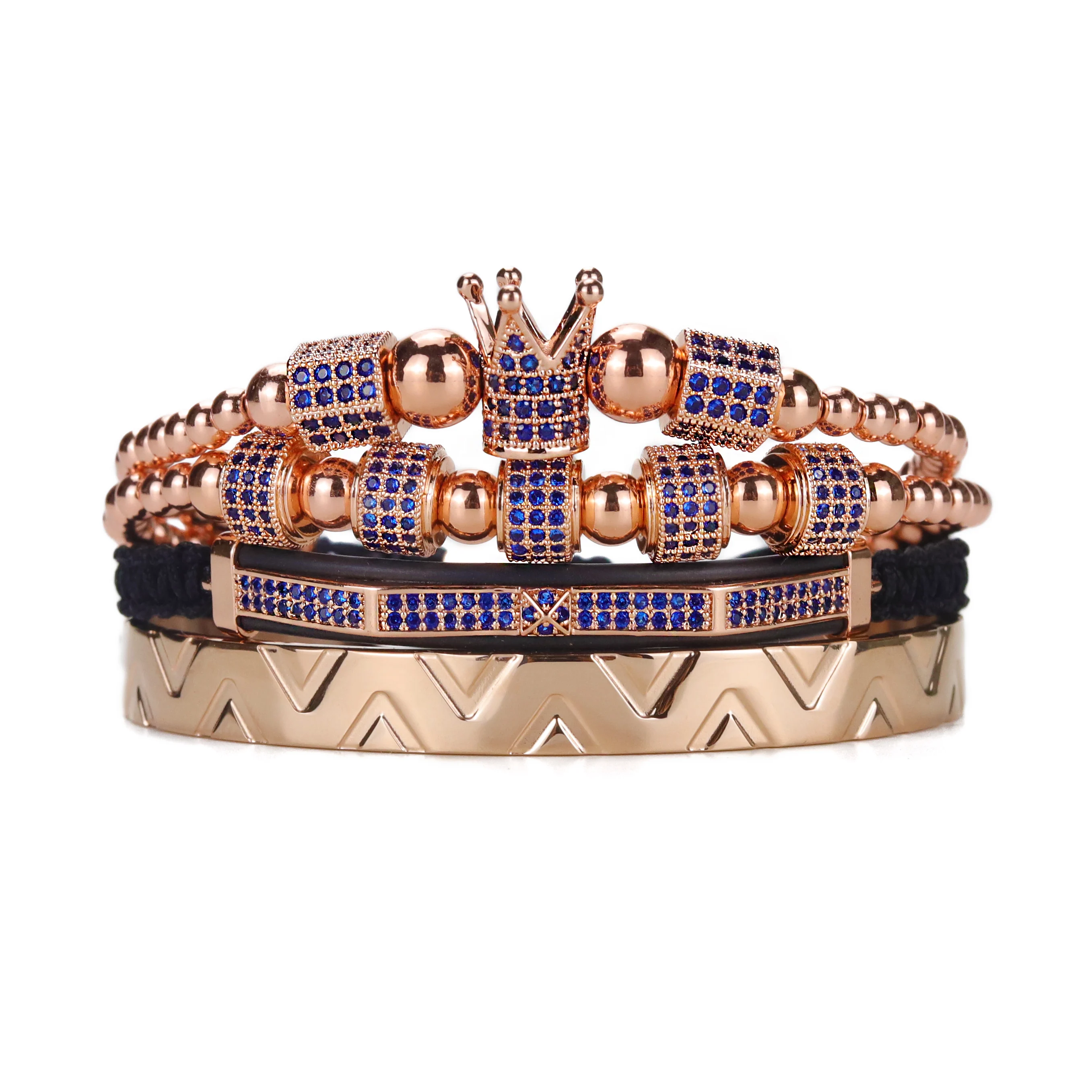 Luxury Men Royal King Crown bracelet set Stainless steel beads Blue ghost CZ Bal - £38.13 GBP