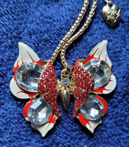 New Betsey Johnson Necklace Butterfly Rhinestones Red White Summer Spring Nice - £11.79 GBP