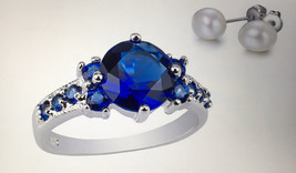 2.33 CTTW Lab-Created Blue Sapphire Ring and Pearl Earrings Size 5 - £11.17 GBP