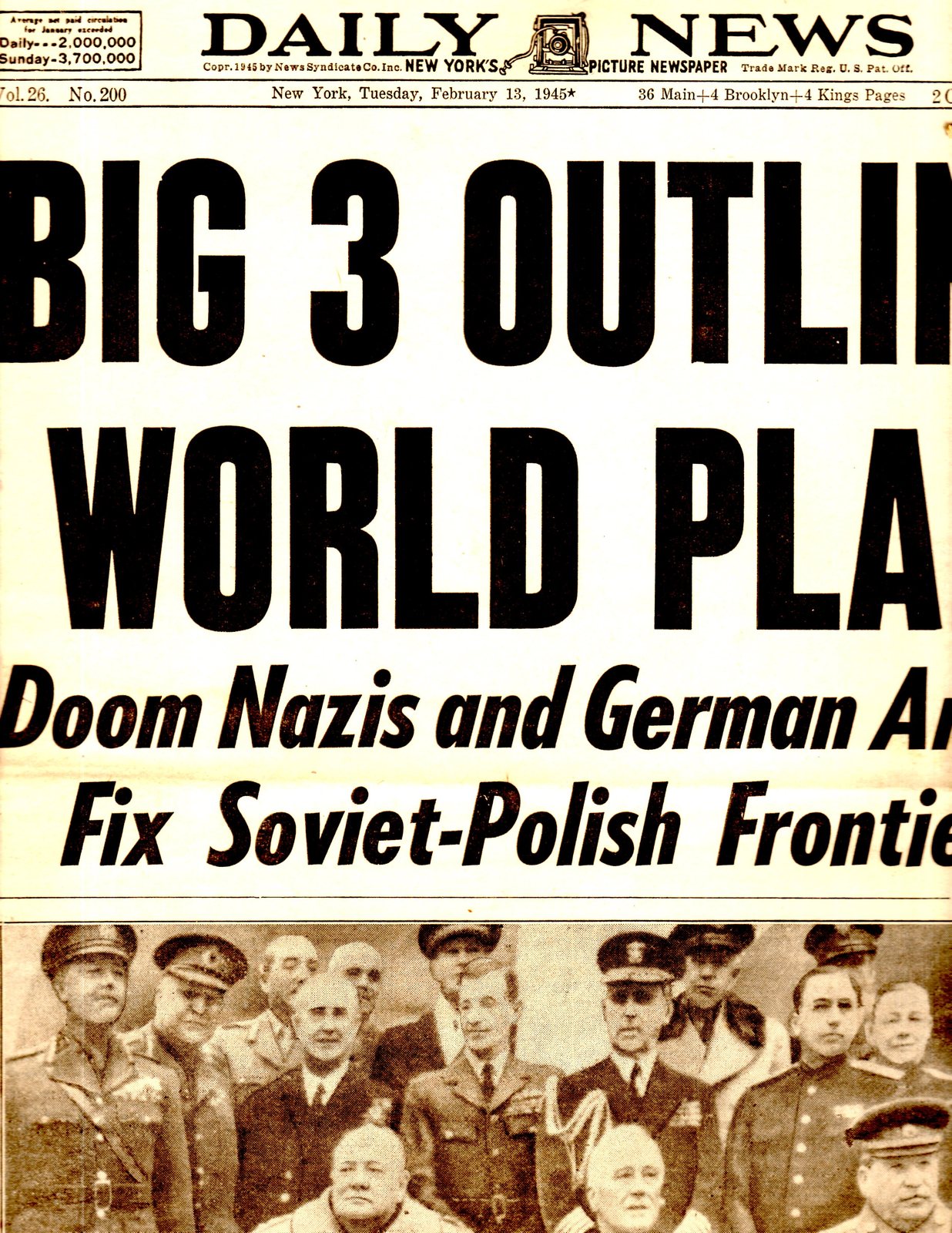 Daily News - New York, Tuesday, February 13,1945 - Cover and Center Fold - $7.00