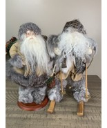 Set Of Two Vtg Woodland Santa’s Forest Santa Fur Ski Hike Christmas 10” - $49.95