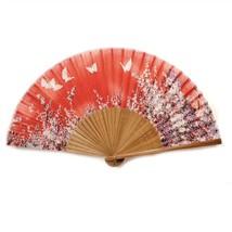 SILK HAND FAN 8&quot; Red Butterfly Garden High Quality Elegant Folding Pocke... - $151.54 MXN