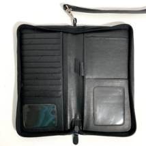 Black Leather Long Travel Passport Wallet Zip Close Detachable Wrist Str... - $34.95