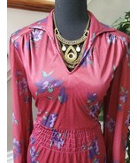 Burgundy Women&#39;s Floral Collared Long Sleeve Vintage Casual Dress- M/L - $35.00