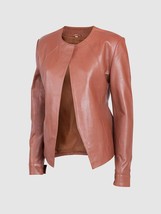 New Cider Brown Color Leather Collar &amp; Zip Less jacket For Women - £157.26 GBP