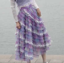 A-line Rainbow Tulle Skirts Women Plus Size Layered Lace Tulle Skirt Outfit - £67.26 GBP