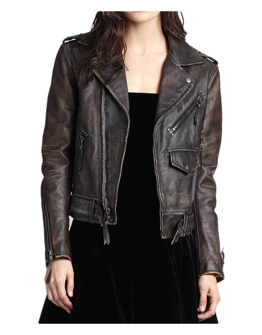 Handmade Women&#39;s Cafe Racer Moto Biker Distressed Brown Vintage Leather ... - $143.99