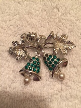Silver Tone Christmas Bell Brooch Green Rhinestones Dangling Pearl Beads - $10.00