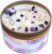 White Sage Smudge Candle with Rose Quartz, Amethyst Crystals, lavender - £27.65 GBP