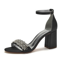 Elegant Satin Block Heel Wedding Sandals Shoes for Bride Open Toe Ankle Buckle S - £64.84 GBP