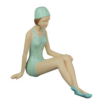 Retro Bathing Beauty Beach Girl Relaxing In Light Blue Polka Dot Swimsuit Statue - £41.55 GBP