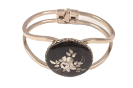 Vintage Clamper Bracelet with Black and White Floral Design - £8.82 GBP