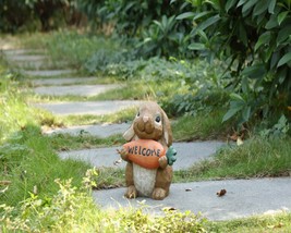 Rabbit with Welcome Sign Carrot--Garden Statue, Garden Decor, Home Decor - £32.29 GBP