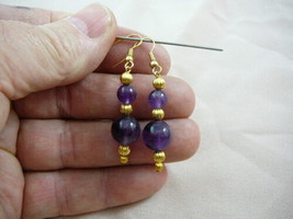 EE474-4) 2 bead Purple amethyst crystal gemstone beaded dangle gold earrings - £14.18 GBP